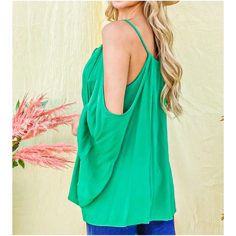 08 Boho Green Cold Shoulder Loose Fit Blouse - Picture 4 of 5